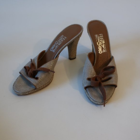 Womens Salvatore Ferragamo Taupe Brown Canvas Lace Espadrille Block Heels 8 * - Picture 1 of 7